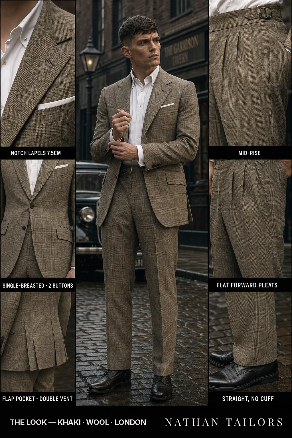 khaki glen plaid single-breasted notch-lapel bespoke suit โ AI-rendered by Nathan Tailors, the Hoi An custom tailor. Available as a custom tailored suit from $149.