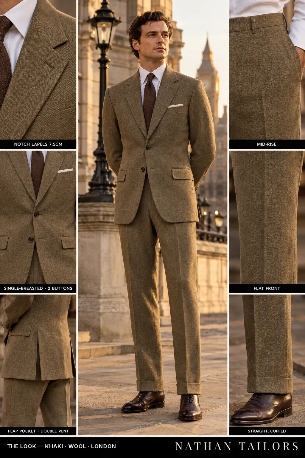 khaki herringbone single-breasted notch-lapel bespoke suit โ AI-rendered by Nathan Tailors, the Hoi An custom tailor. Available as a custom tailored suit from $149.