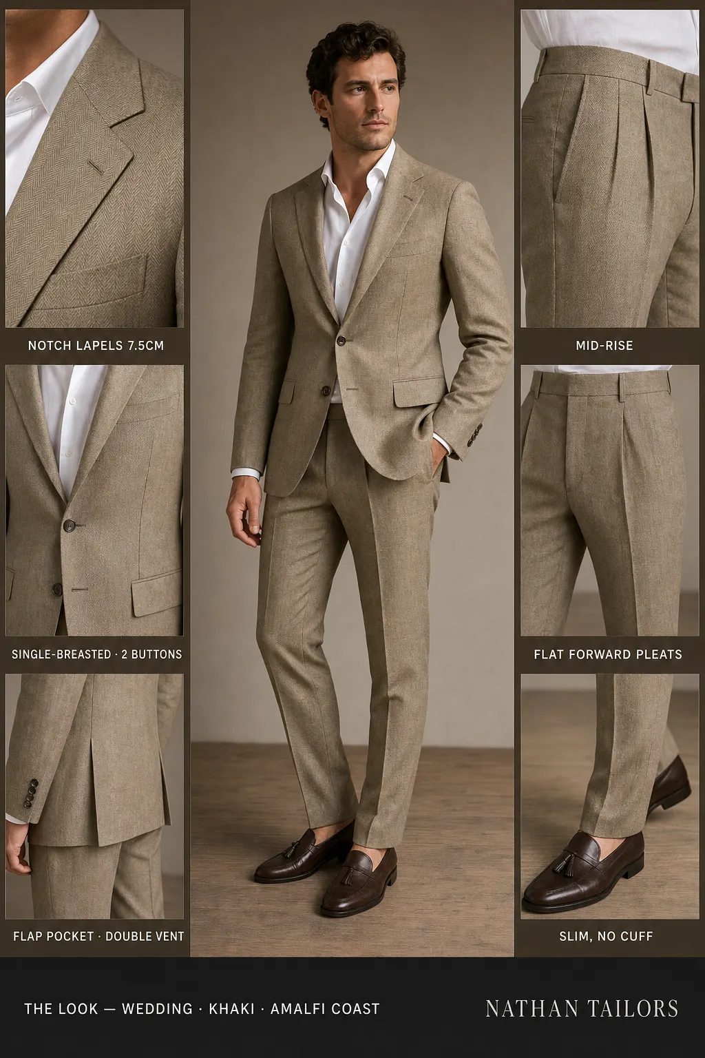 khaki herringbone single-breasted notch-lapel bespoke suit โ AI-rendered by Nathan Tailors, the Hoi An custom tailor. Available as a custom tailored suit from $149.
