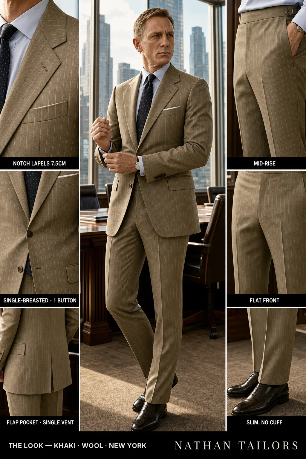 khaki pinstripe single-breasted notch-lapel bespoke suit — AI-rendered by Nathan Tailors, the Hoi An custom tailor. Available as a custom tailored suit from $149.
