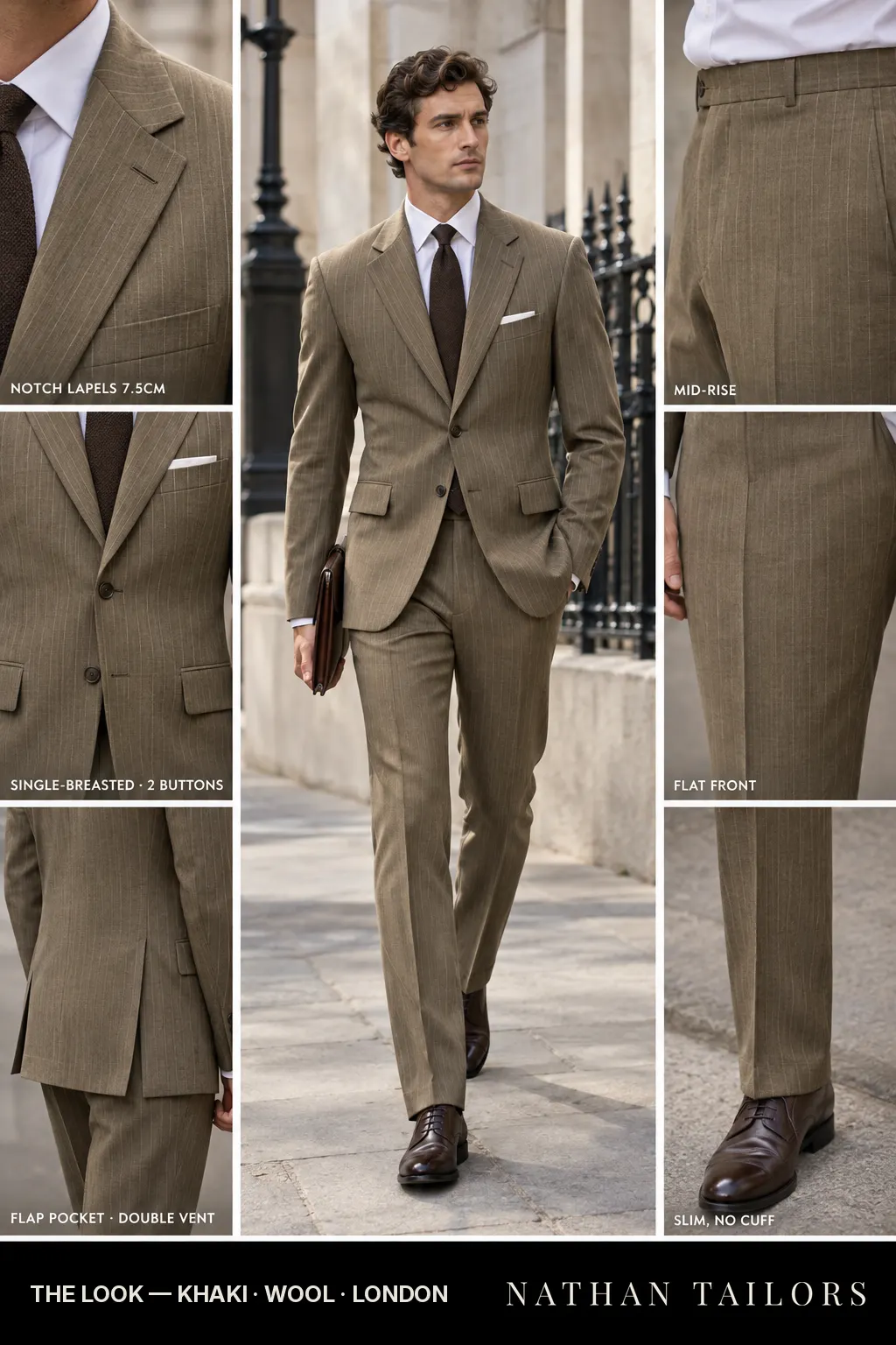 khaki pinstripe single-breasted bespoke suit โ custom tailored by Nathan Tailors, the Hoi An custom tailor