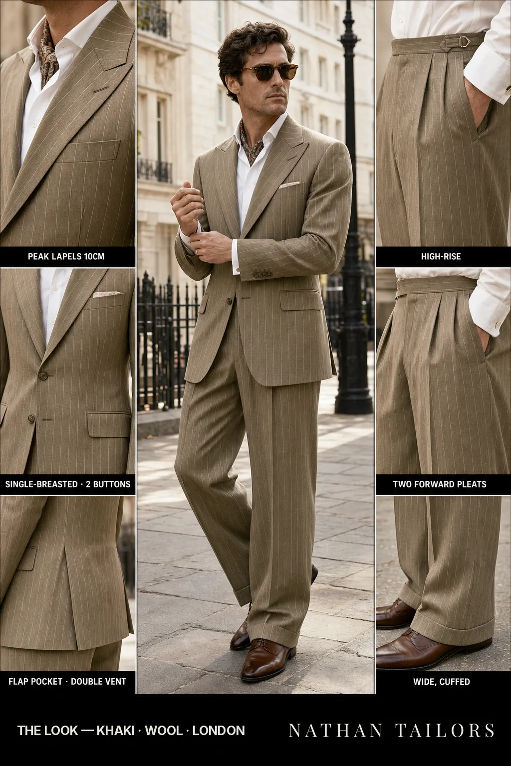 khaki pinstripe single-breasted peak-lapel bespoke suit โ AI-rendered by Nathan Tailors, the Hoi An custom tailor. Available as a custom tailored suit from $149.