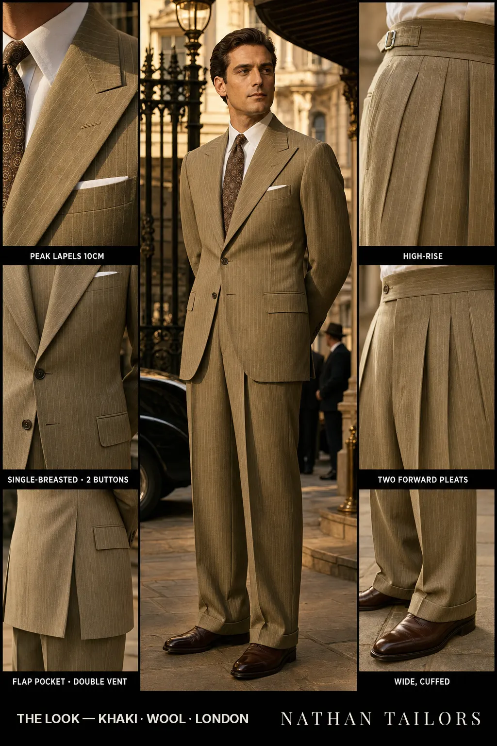 khaki pinstripe single-breasted peak-lapel bespoke suit โ AI-rendered by Nathan Tailors, the Hoi An custom tailor. Available as a custom tailored suit from $149.