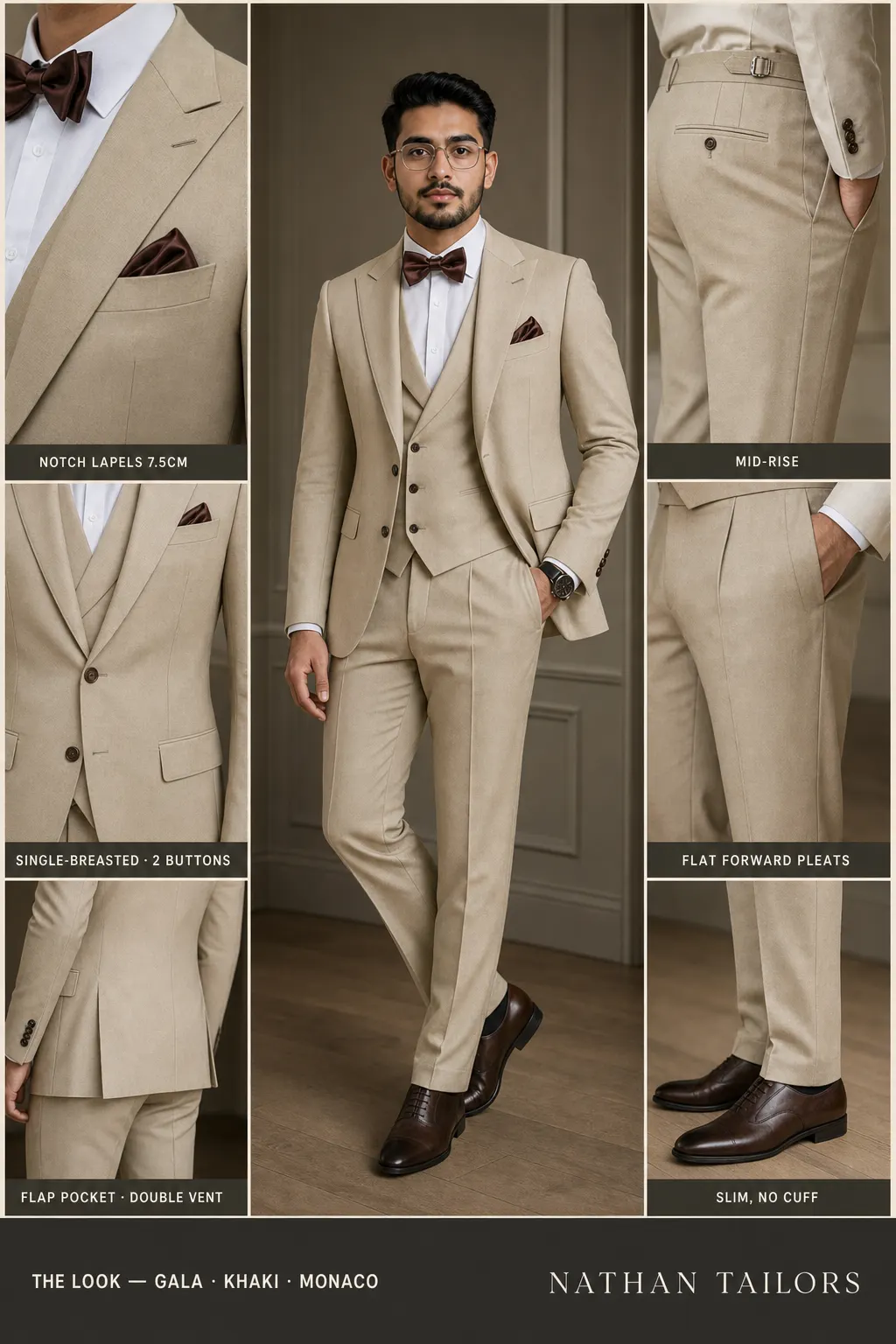 khaki single-breasted notch-lapel bespoke suit — AI-rendered by Nathan Tailors, the Hoi An custom tailor. Available as a custom tailored suit from $149.