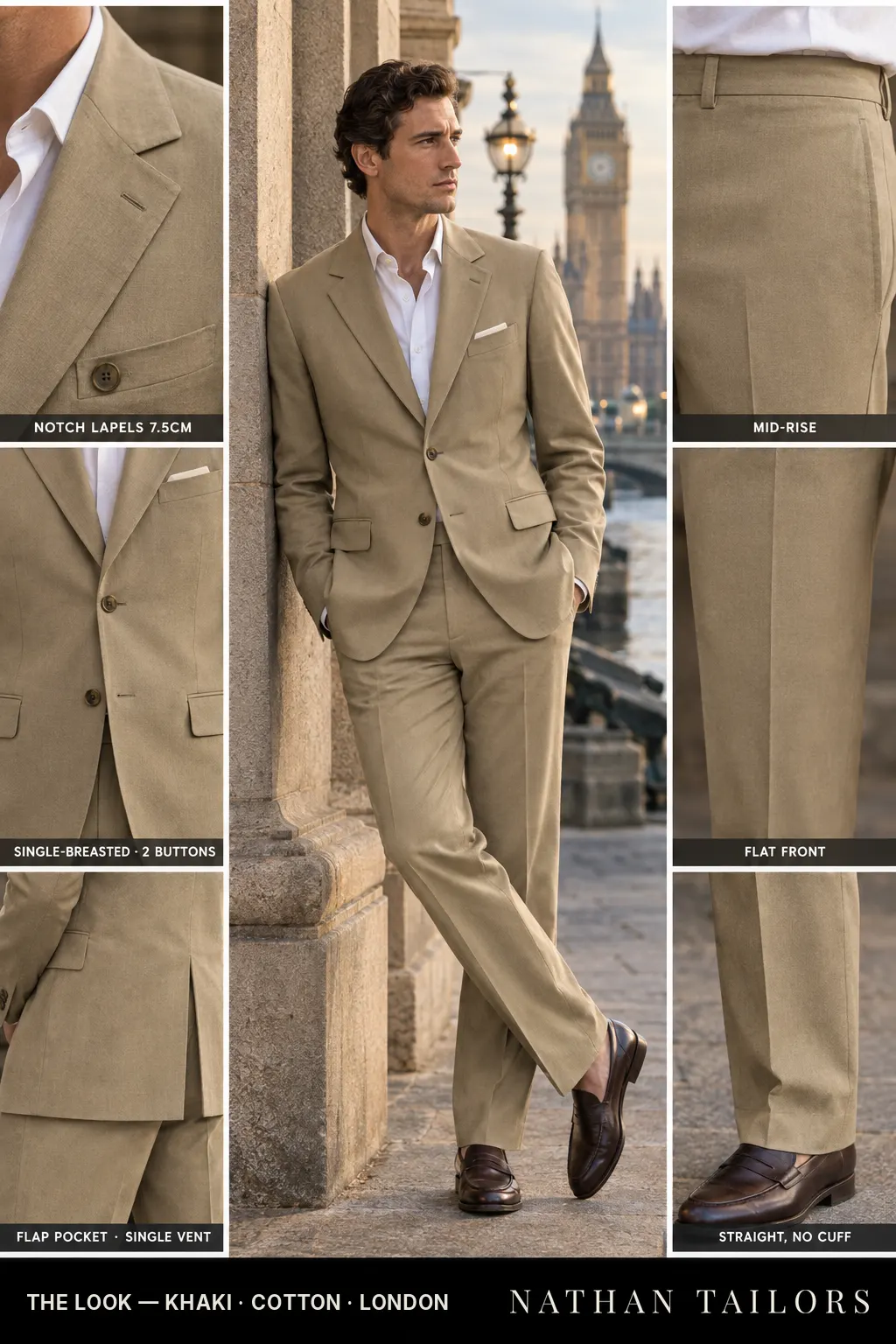 khaki single-breasted bespoke suit โ custom tailored by Nathan Tailors, the Hoi An custom tailor