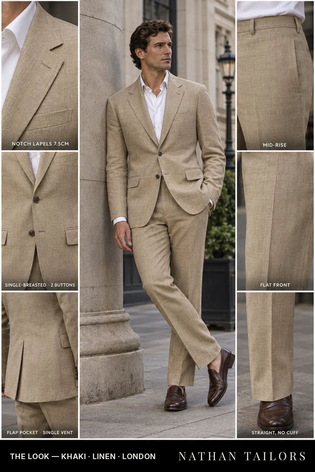 khaki single-breasted bespoke suit โ custom tailored by Nathan Tailors, the Hoi An custom tailor