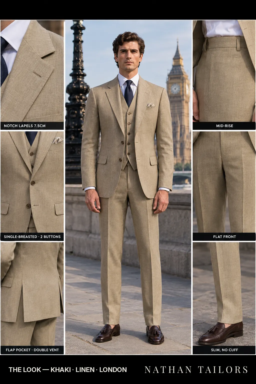 khaki single-breasted bespoke suit โ custom tailored by Nathan Tailors, the Hoi An custom tailor