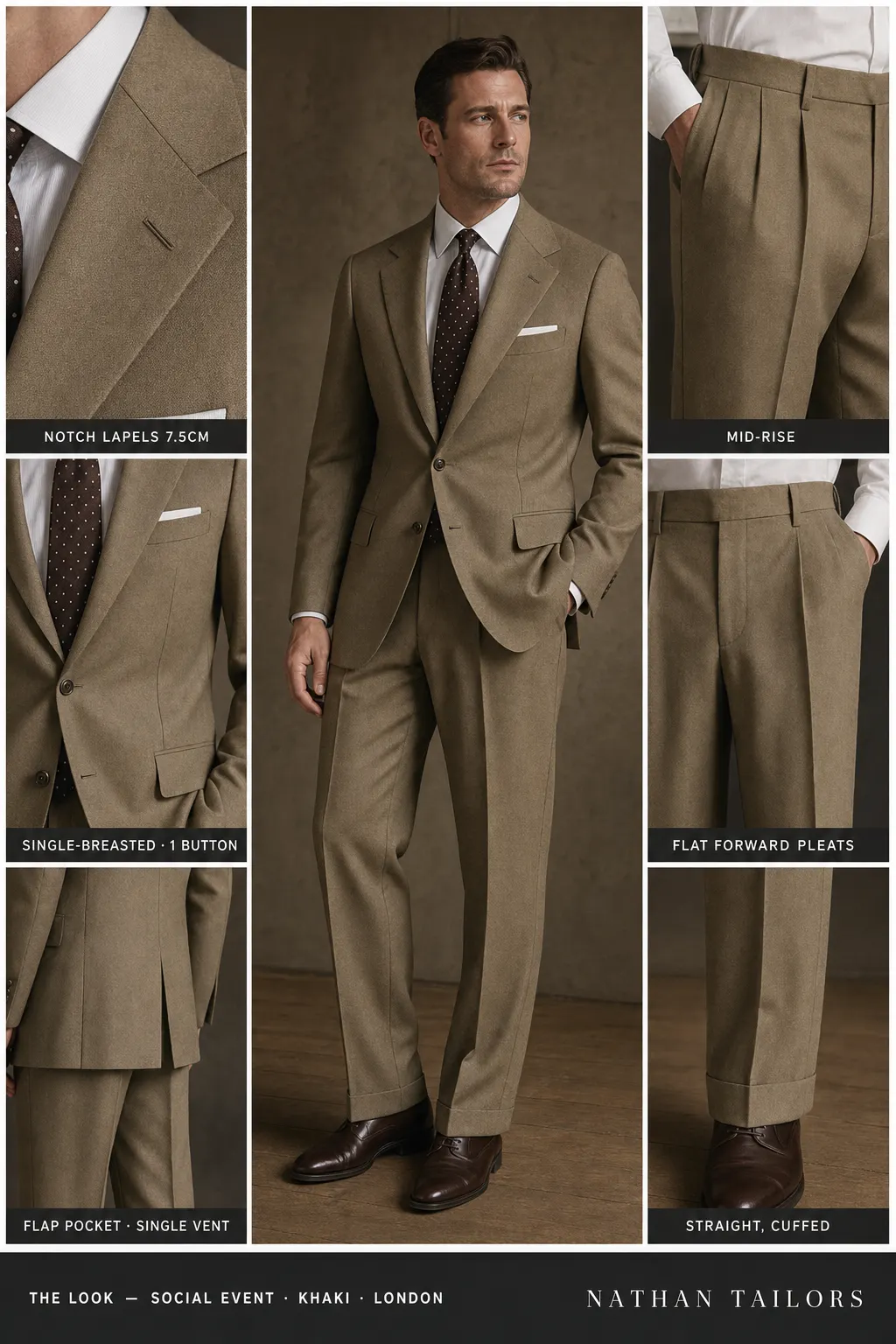 khaki single-breasted notch-lapel bespoke suit — AI-rendered by Nathan Tailors, the Hoi An custom tailor. Available as a custom tailored suit from $149.