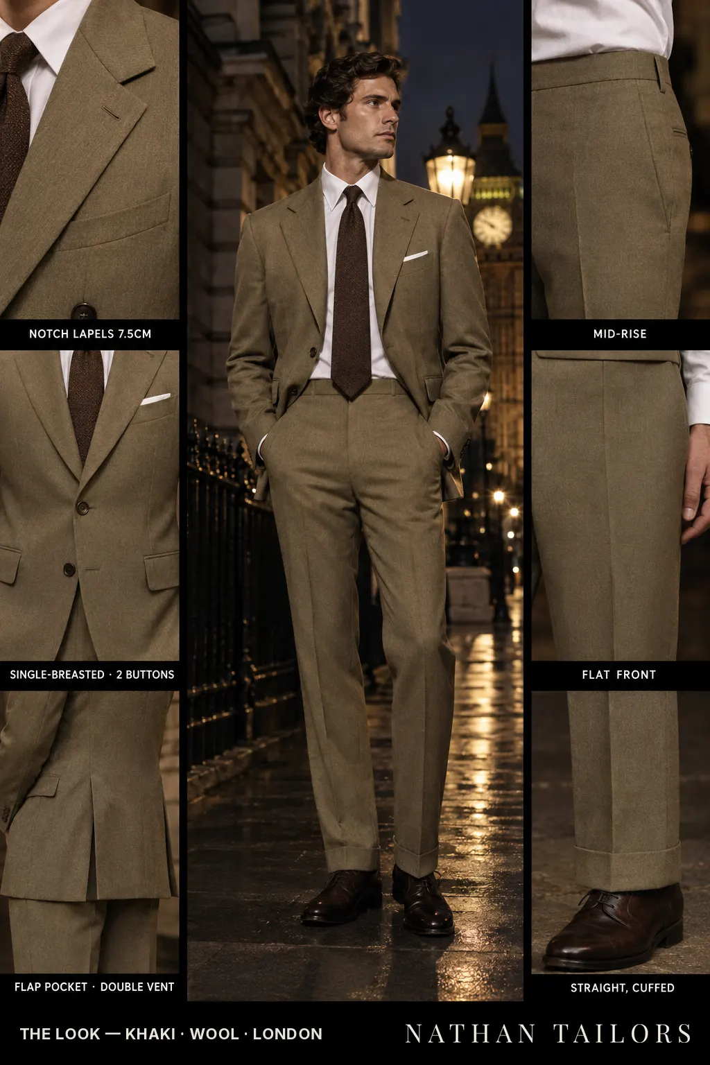 khaki single-breasted notch-lapel bespoke suit โ AI-rendered by Nathan Tailors, the Hoi An custom tailor. Available as a custom tailored suit from $149.