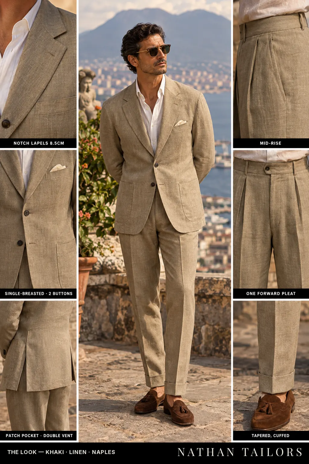 khaki single-breasted notch-lapel bespoke suit โ AI-rendered by Nathan Tailors, the Hoi An custom tailor. Available as a custom tailored suit from $169.