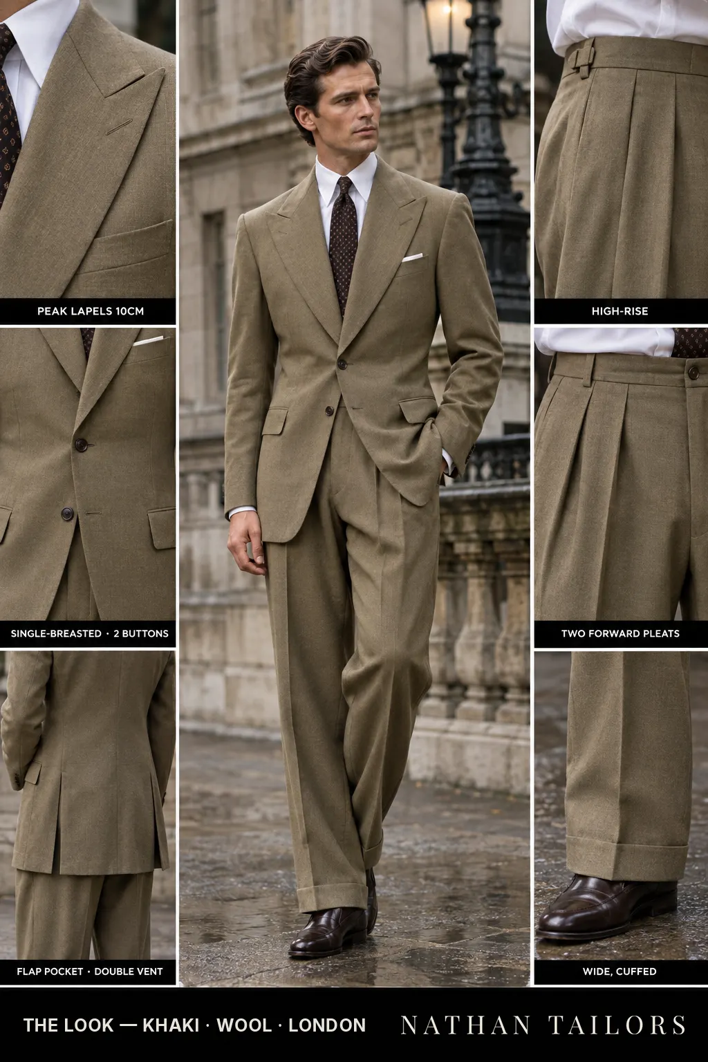 khaki single-breasted bespoke suit โ custom tailored by Nathan Tailors, the Hoi An custom tailor
