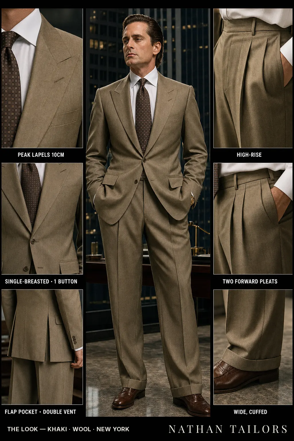 khaki single-breasted peak-lapel bespoke suit — AI-rendered by Nathan Tailors, the Hoi An custom tailor. Available as a custom tailored suit from $149.