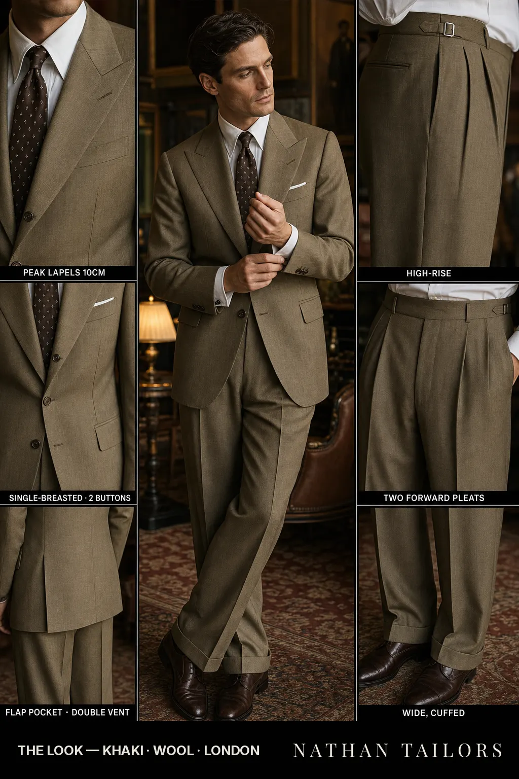 khaki single-breasted peak-lapel bespoke suit — AI-rendered by Nathan Tailors, the Hoi An custom tailor. Available as a custom tailored suit from $149.