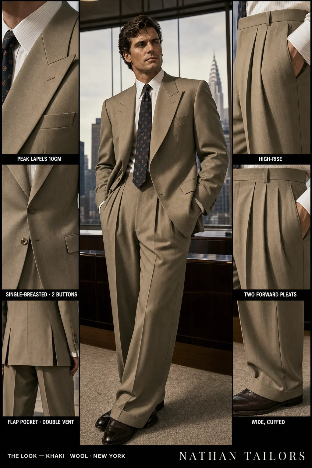 khaki single-breasted peak-lapel bespoke suit — AI-rendered by Nathan Tailors, the Hoi An custom tailor. Available as a custom tailored suit from $149.