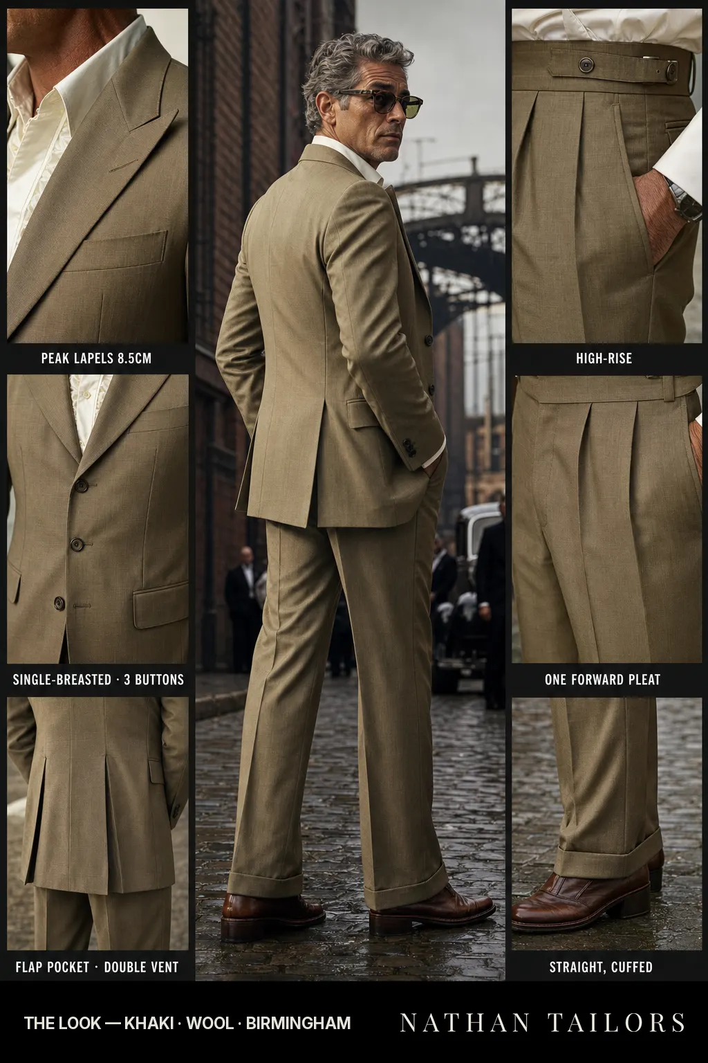 khaki single-breasted peak-lapel bespoke suit — AI-rendered by Nathan Tailors, the Hoi An custom tailor. Available as a custom tailored suit from $149.