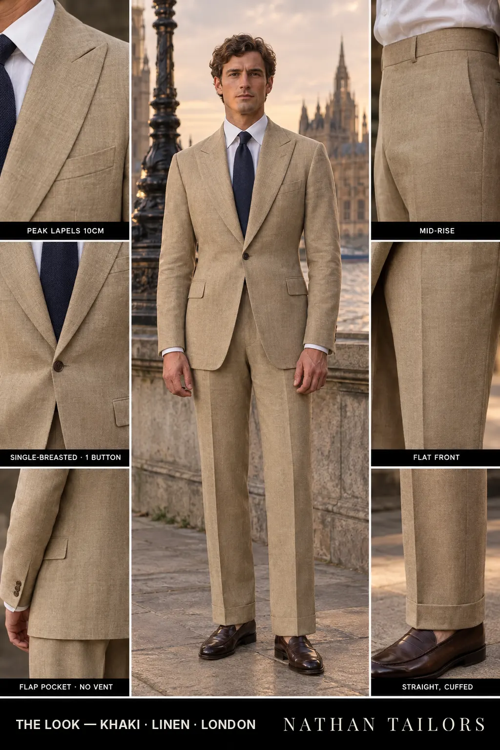 khaki single-breasted bespoke suit — custom tailored by Nathan Tailors, the Hoi An custom tailor