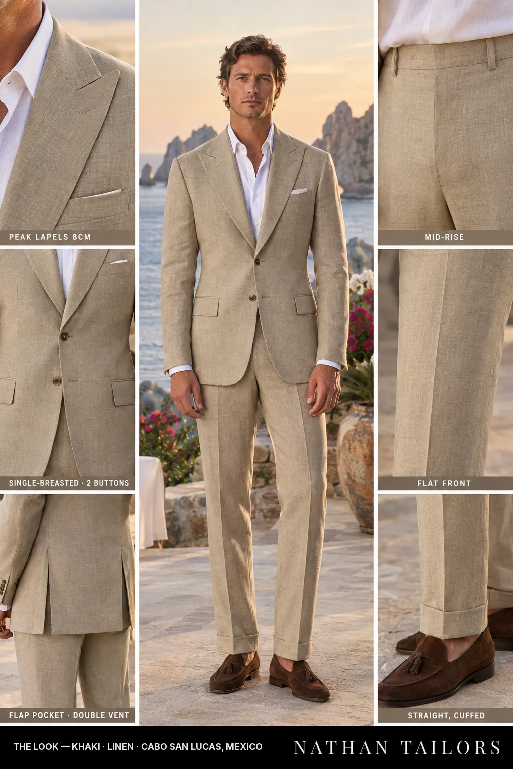 khaki single-breasted peak-lapel bespoke suit — AI-rendered by Nathan Tailors, the Hoi An custom tailor. Available as a custom tailored suit from $169.