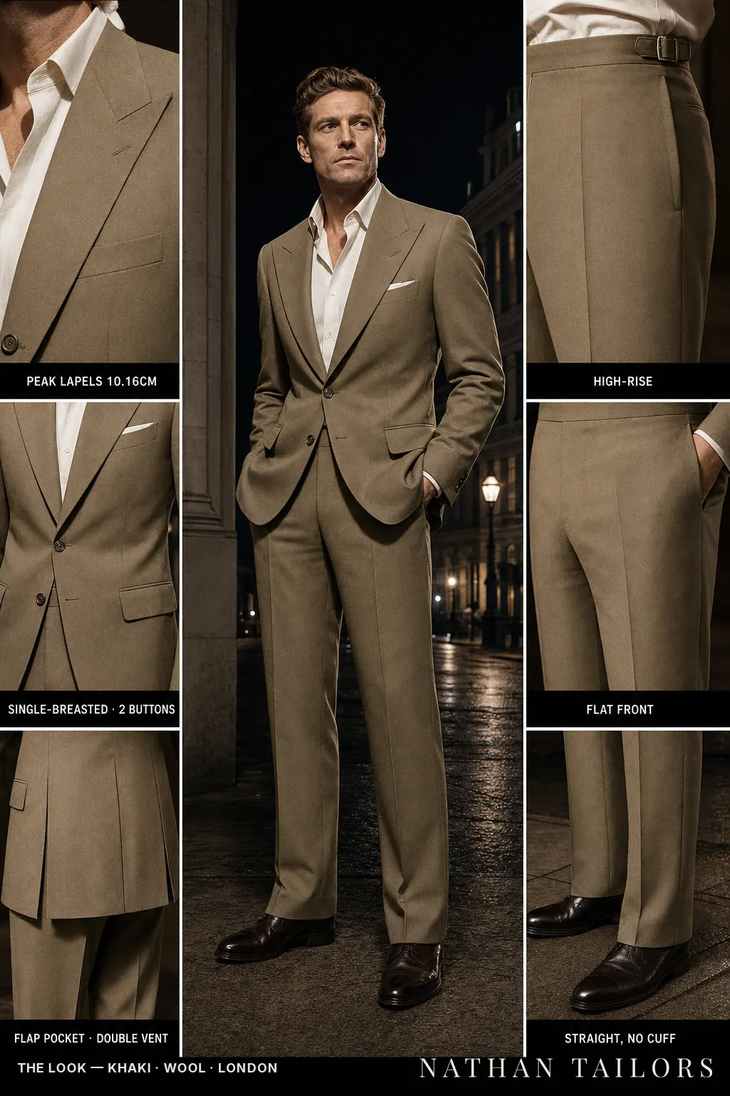 khaki single-breasted peak-lapel bespoke suit — AI-rendered by Nathan Tailors, the Hoi An custom tailor. Available as a custom tailored suit from $149.