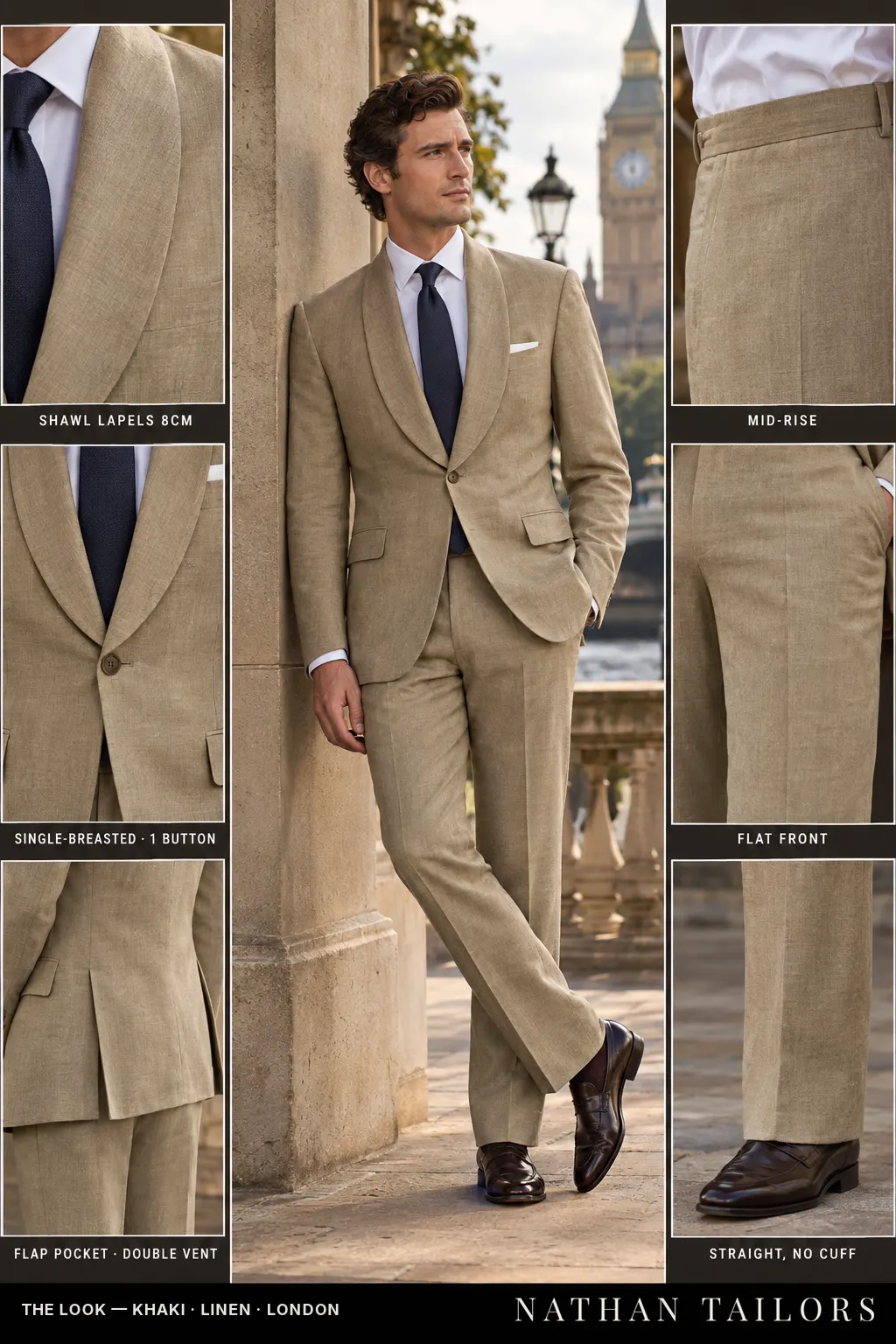 khaki single-breasted bespoke suit — custom tailored by Nathan Tailors, the Hoi An custom tailor