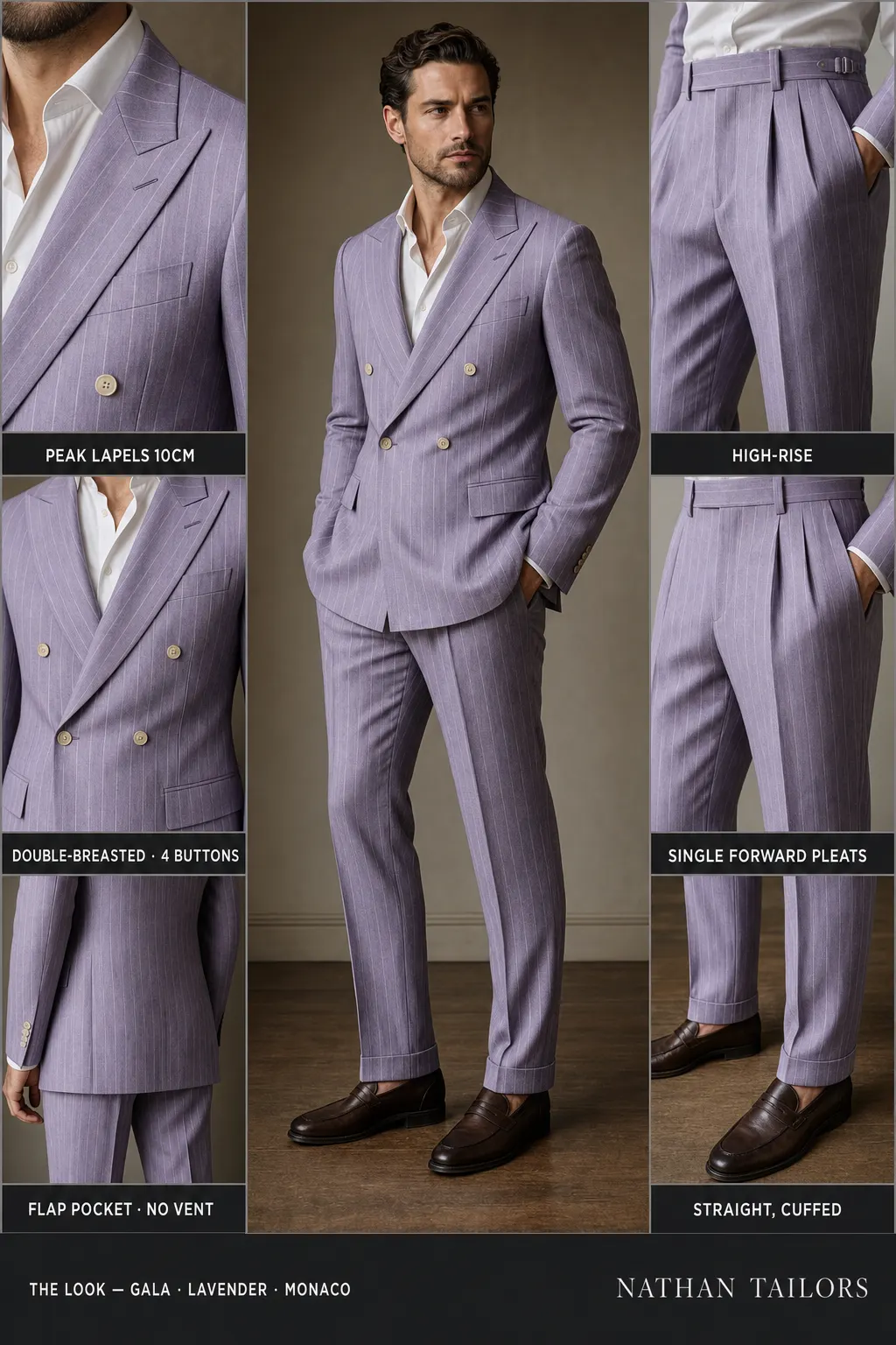 lavender chalk stripe double-breasted peak-lapel bespoke suit โ AI-rendered by Nathan Tailors, the Hoi An custom tailor. Available as a custom tailored suit from $149.