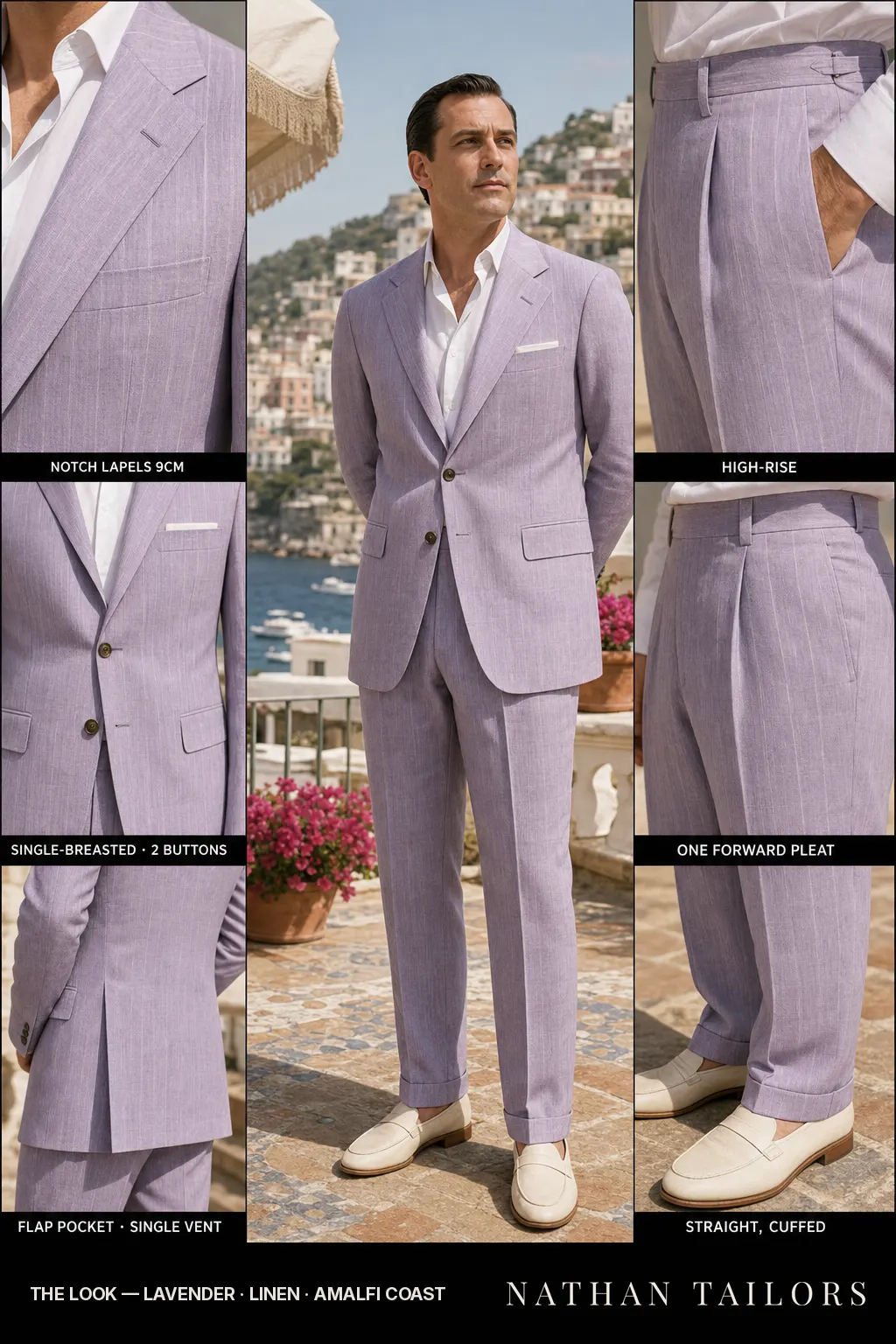 lavender pinstripe single-breasted notch-lapel bespoke suit — AI-rendered by Nathan Tailors, the Hoi An custom tailor. Available as a custom tailored suit from $149.