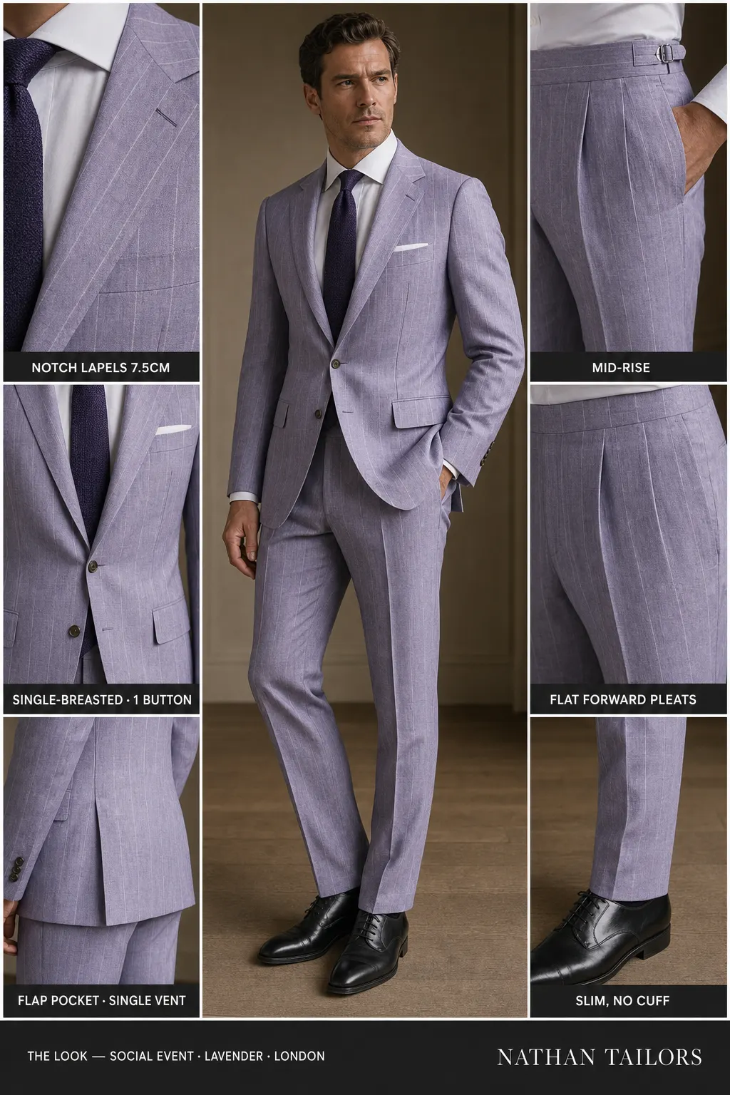 lavender pinstripe single-breasted notch-lapel bespoke suit โ AI-rendered by Nathan Tailors, the Hoi An custom tailor. Available as a custom tailored suit from $149.