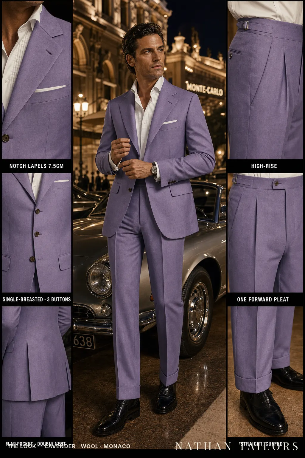 lavender single-breasted notch-lapel bespoke suit โ AI-rendered by Nathan Tailors, the Hoi An custom tailor. Available as a custom tailored suit from $149.