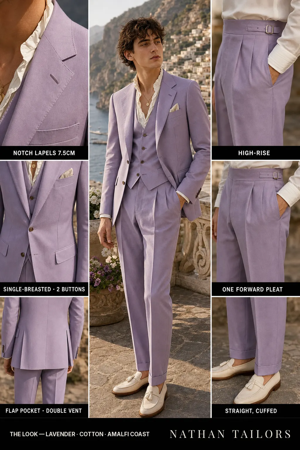 lavender single-breasted notch-lapel bespoke suit — AI-rendered by Nathan Tailors, the Hoi An custom tailor. Available as a custom tailored suit from $149.