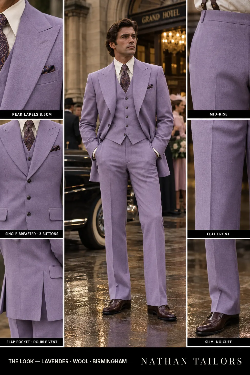 lavender single-breasted bespoke suit โ custom tailored by Nathan Tailors, the Hoi An custom tailor