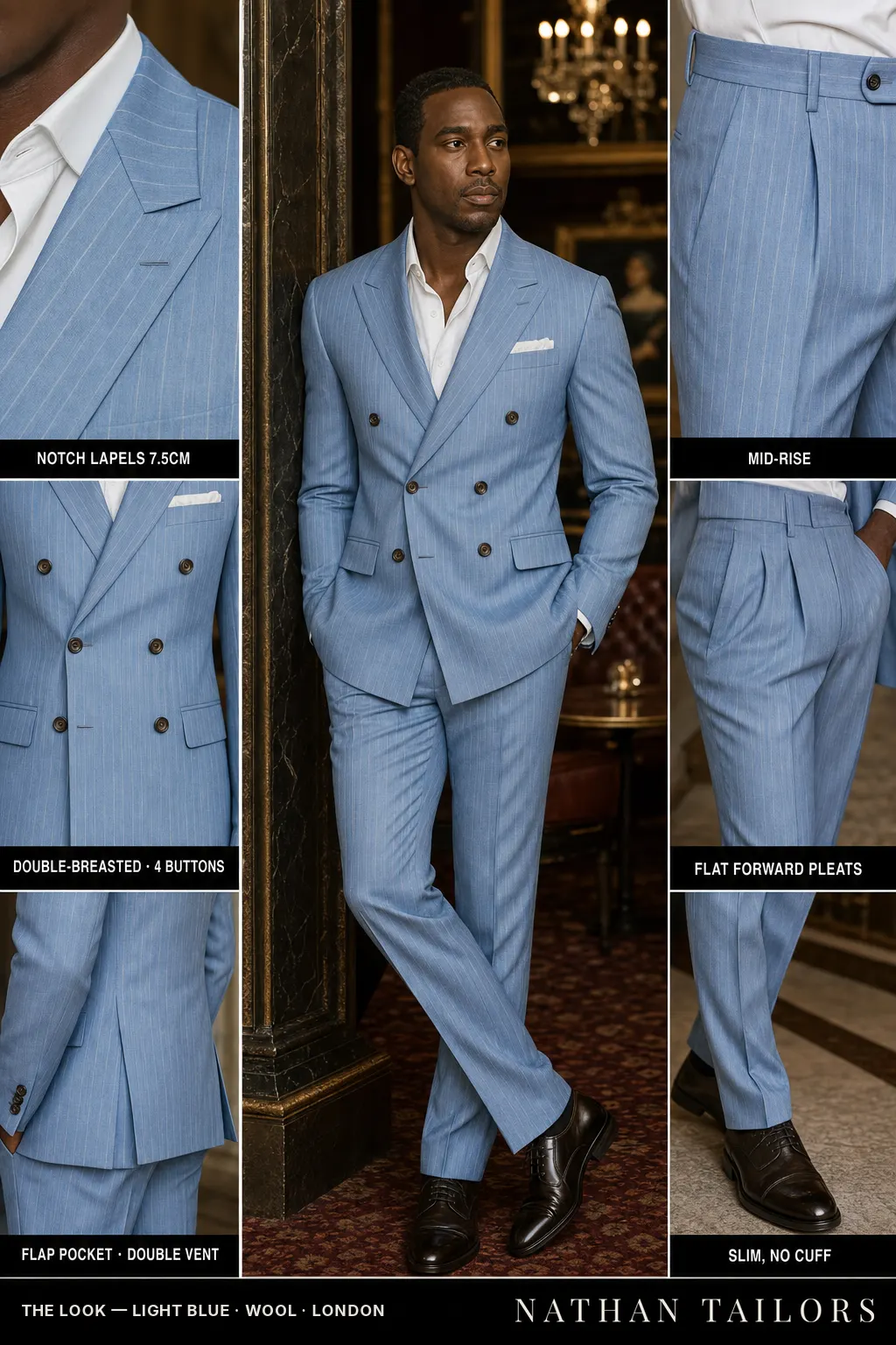 light blue pinstripe double-breasted notch-lapel bespoke suit — AI-rendered by Nathan Tailors, the Hoi An custom tailor. Available as a custom tailored suit from $149.