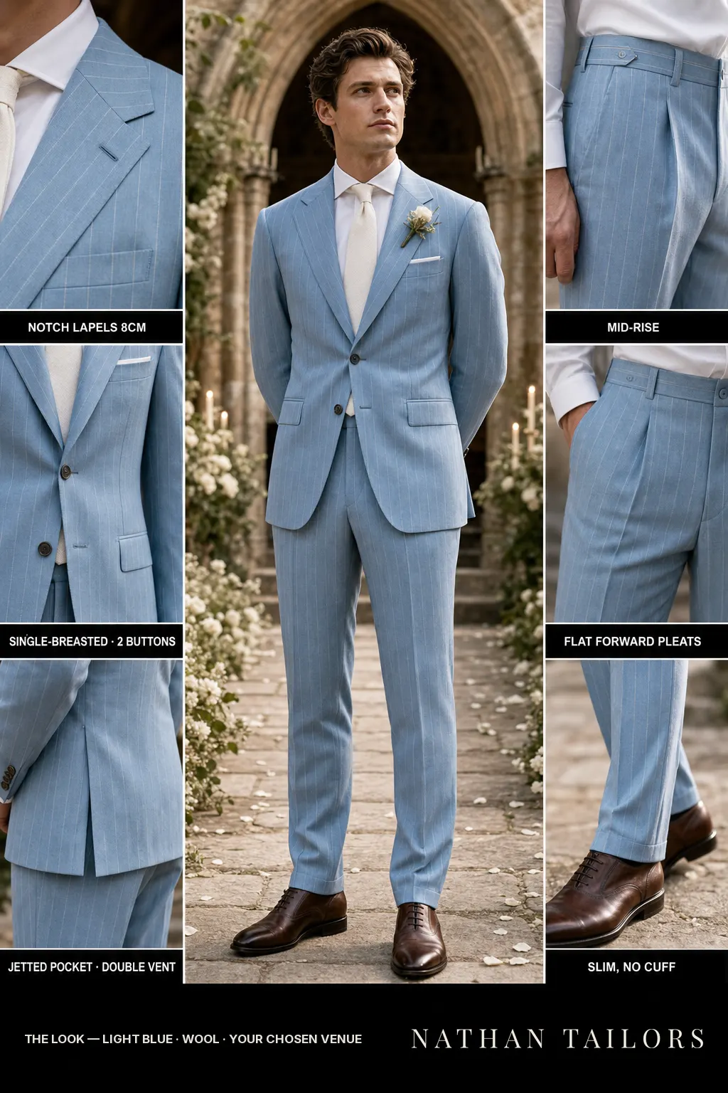 light blue pinstripe single-breasted notch-lapel bespoke suit — AI-rendered by Nathan Tailors, the Hoi An custom tailor. Available as a custom tailored suit from $149.