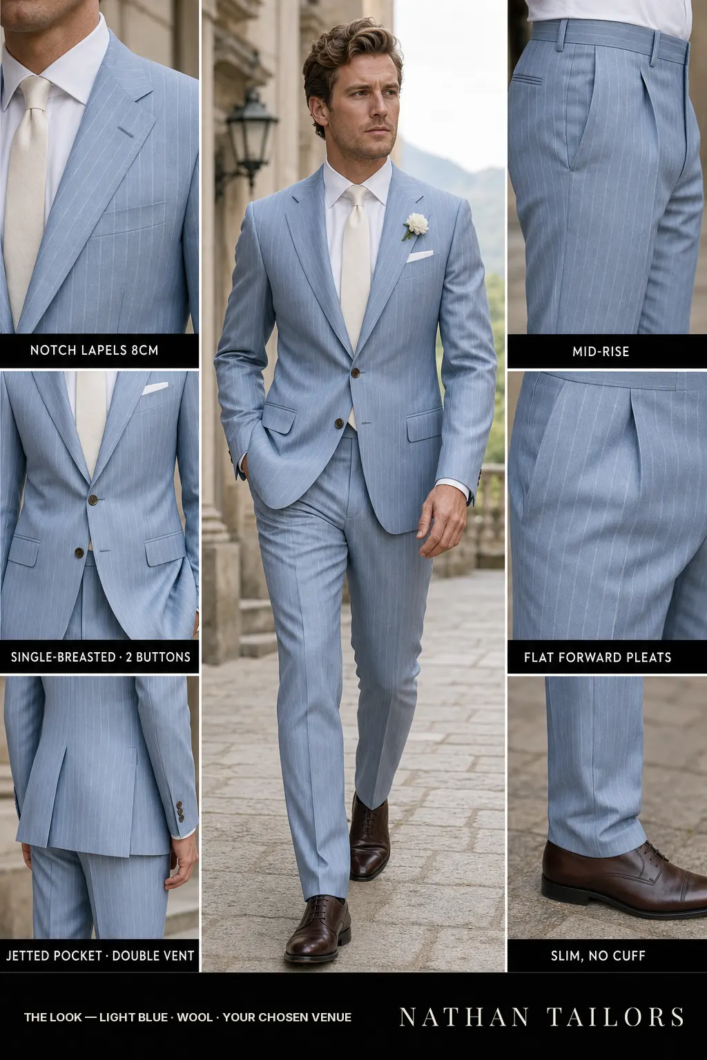light blue pinstripe single-breasted notch-lapel bespoke suit — AI-rendered by Nathan Tailors, the Hoi An custom tailor. Available as a custom tailored suit from $149.