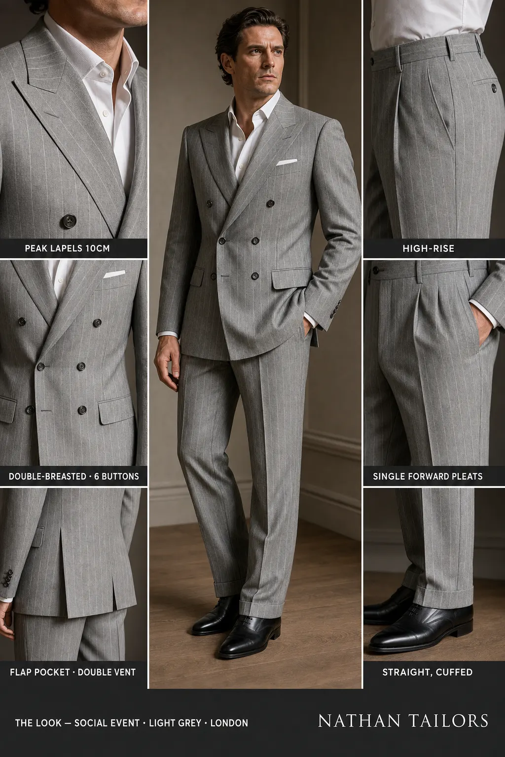 light grey chalk stripe double-breasted peak-lapel bespoke suit โ AI-rendered by Nathan Tailors, the Hoi An custom tailor. Available as a custom tailored suit from $149.