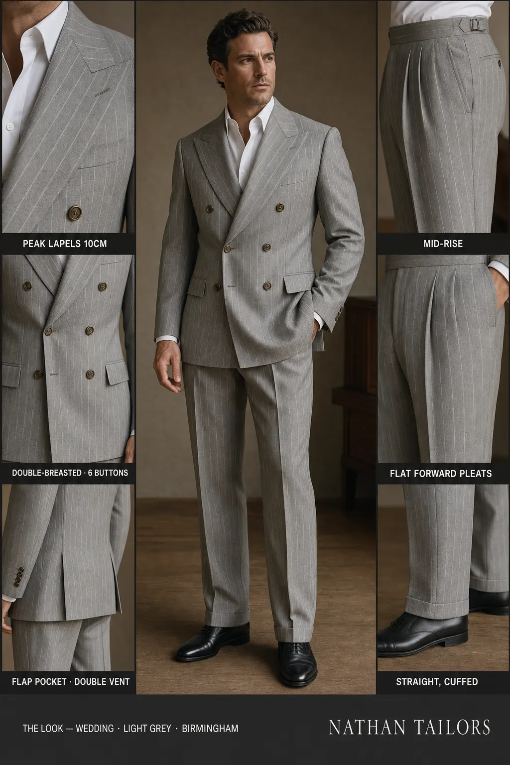 light grey chalk stripe double-breasted peak-lapel bespoke suit โ AI-rendered by Nathan Tailors, the Hoi An custom tailor. Available as a custom tailored suit from $149.