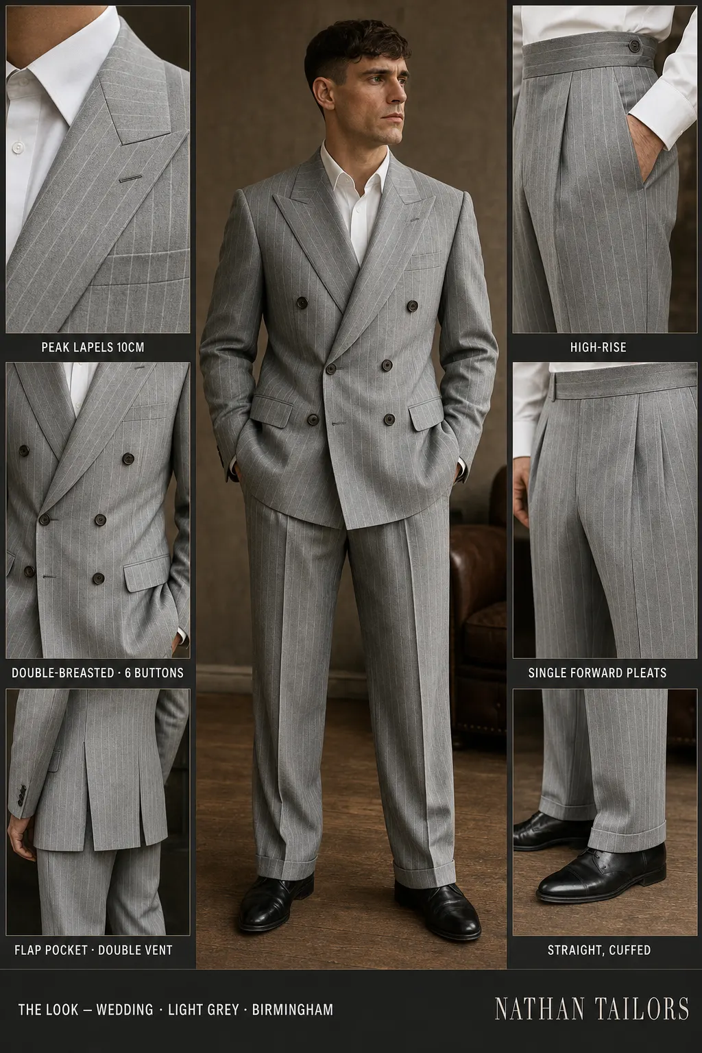 light grey chalk stripe double-breasted peak-lapel bespoke suit โ AI-rendered by Nathan Tailors, the Hoi An custom tailor. Available as a custom tailored suit from $149.