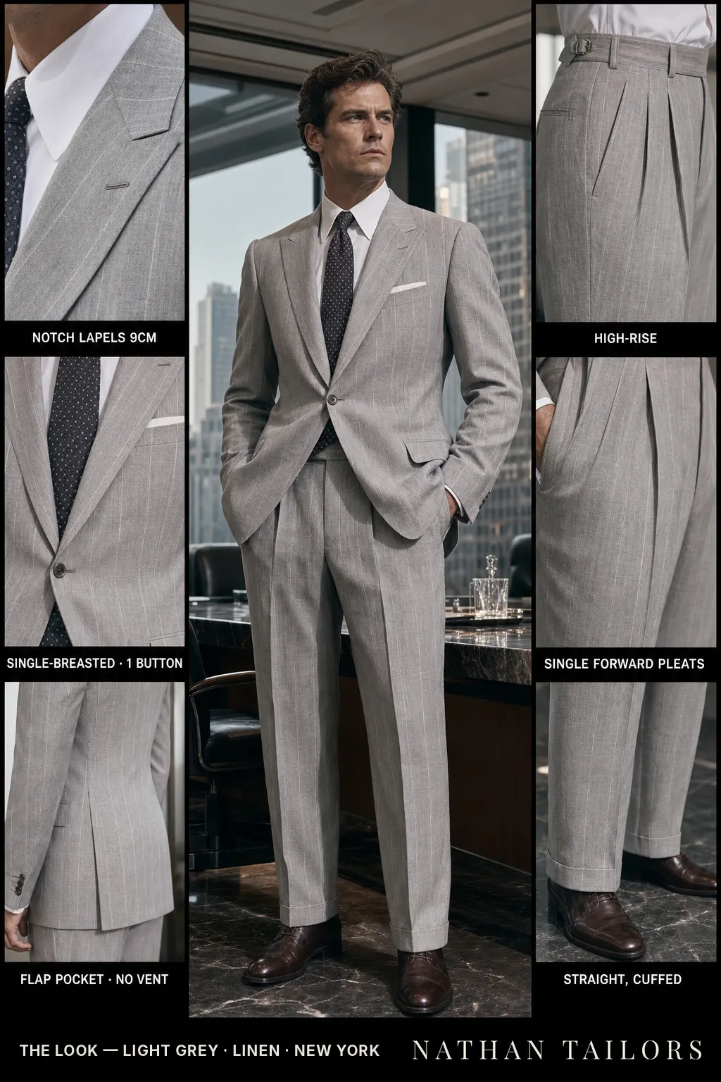 light grey chalk stripe single-breasted notch-lapel bespoke suit — AI-rendered by Nathan Tailors, the Hoi An custom tailor. Available as a custom tailored suit from $149.