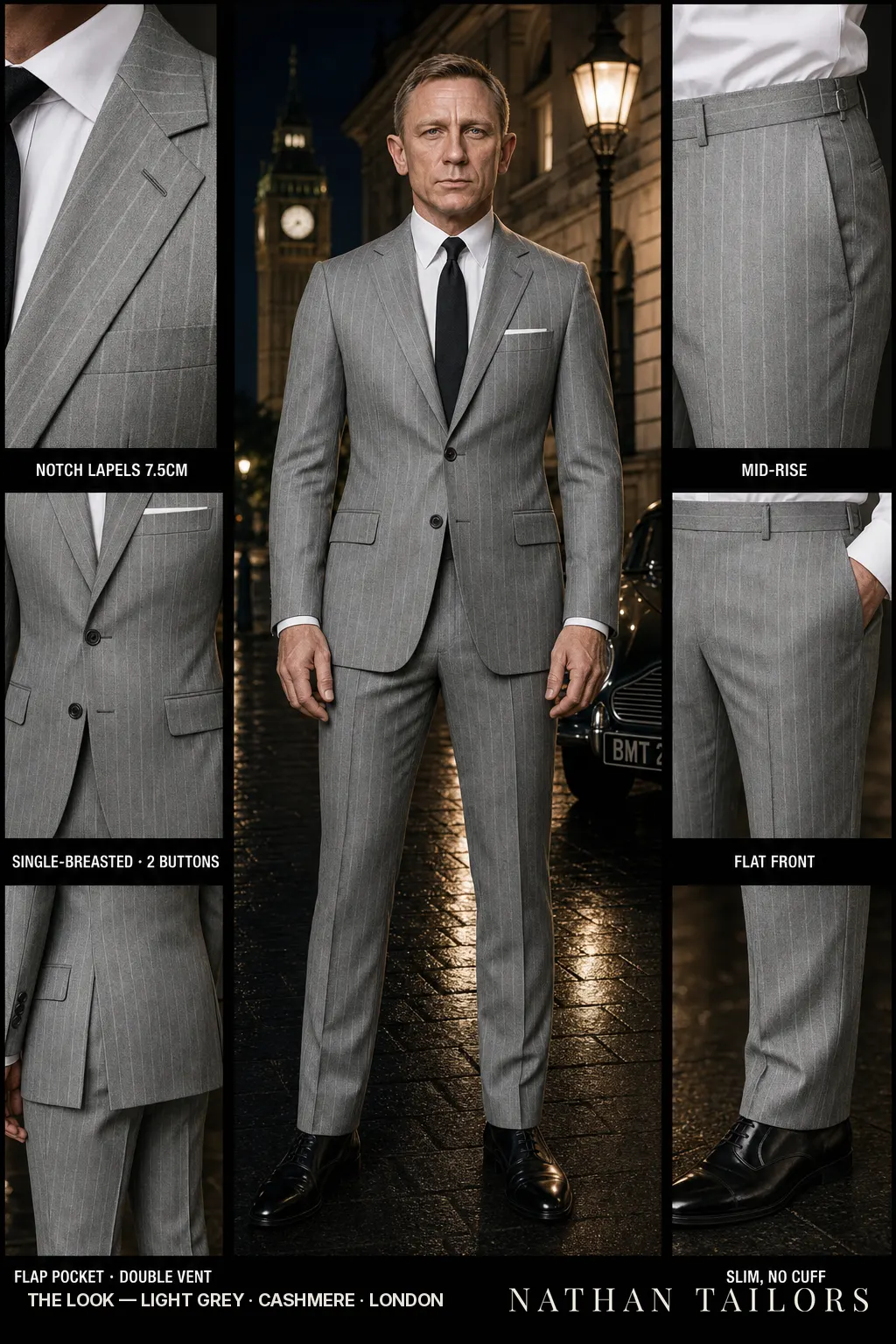 light grey chalk stripe single-breasted notch-lapel bespoke suit — AI-rendered by Nathan Tailors, the Hoi An custom tailor. Available as a custom tailored suit from $149.