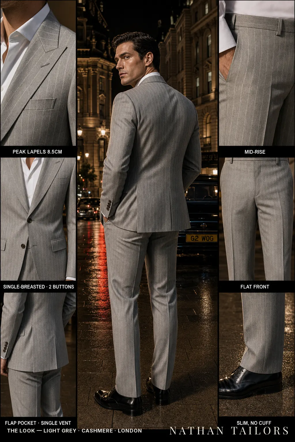 light grey chalk stripe single-breasted peak-lapel bespoke suit โ AI-rendered by Nathan Tailors, the Hoi An custom tailor. Available as a custom tailored suit from $149.