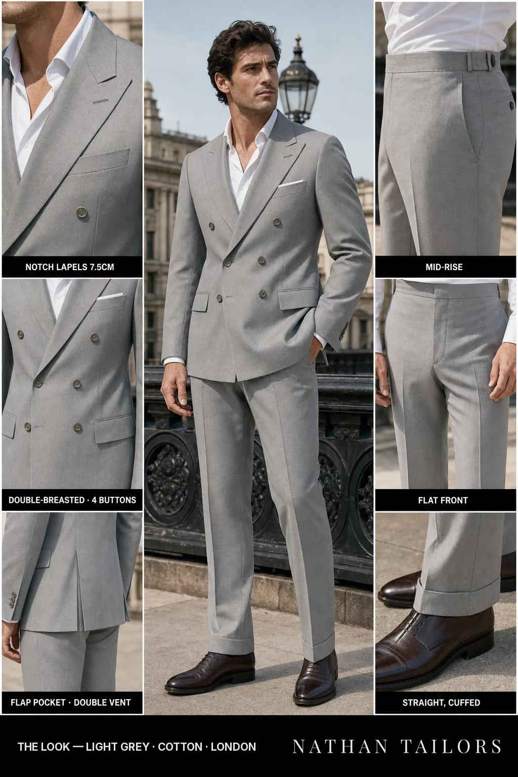 light grey double-breasted notch-lapel bespoke suit — AI-rendered by Nathan Tailors, the Hoi An custom tailor. Available as a custom tailored suit from $149.