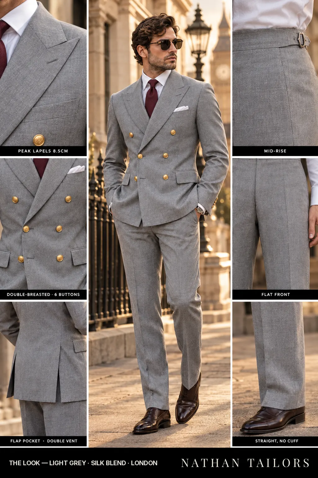 light grey double-breasted bespoke suit — custom tailored by Nathan Tailors, the Hoi An custom tailor