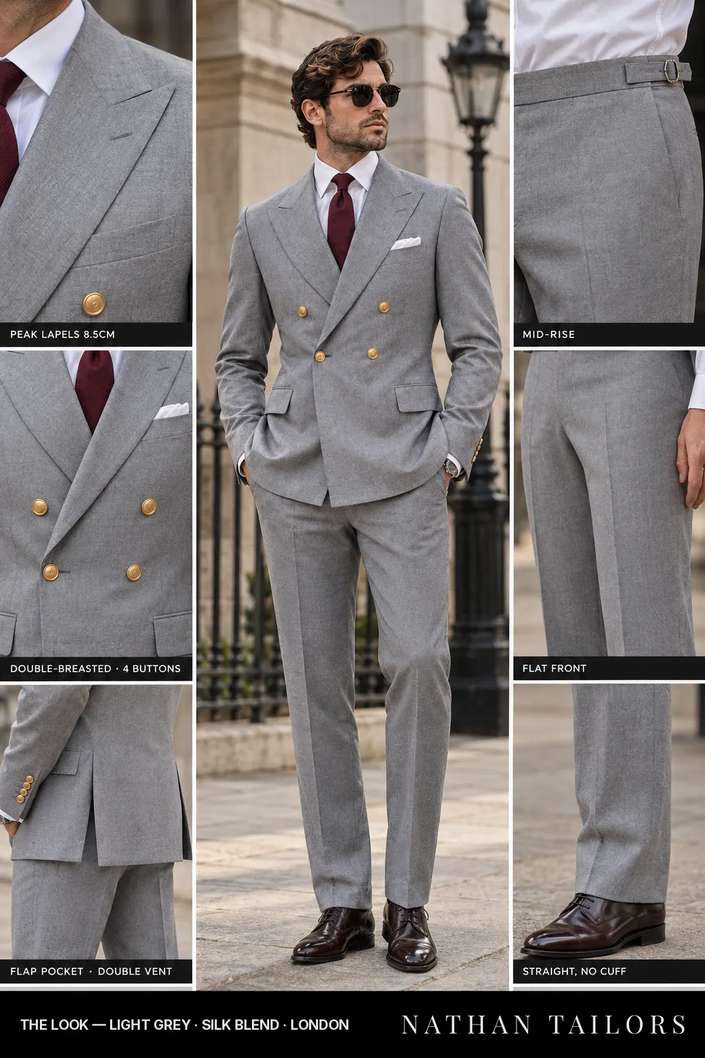 light grey double-breasted bespoke suit โ custom tailored by Nathan Tailors, the Hoi An custom tailor