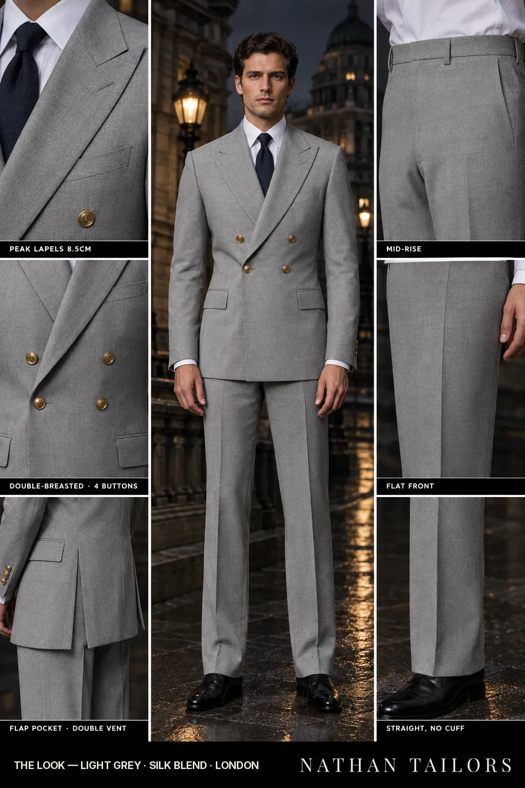 light grey double-breasted bespoke suit โ custom tailored by Nathan Tailors, the Hoi An custom tailor