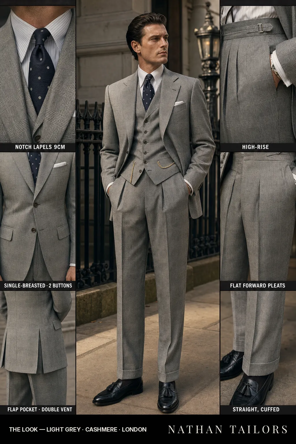 light grey glen plaid single-breasted notch-lapel bespoke suit — AI-rendered by Nathan Tailors, the Hoi An custom tailor. Available as a custom tailored suit from $149.