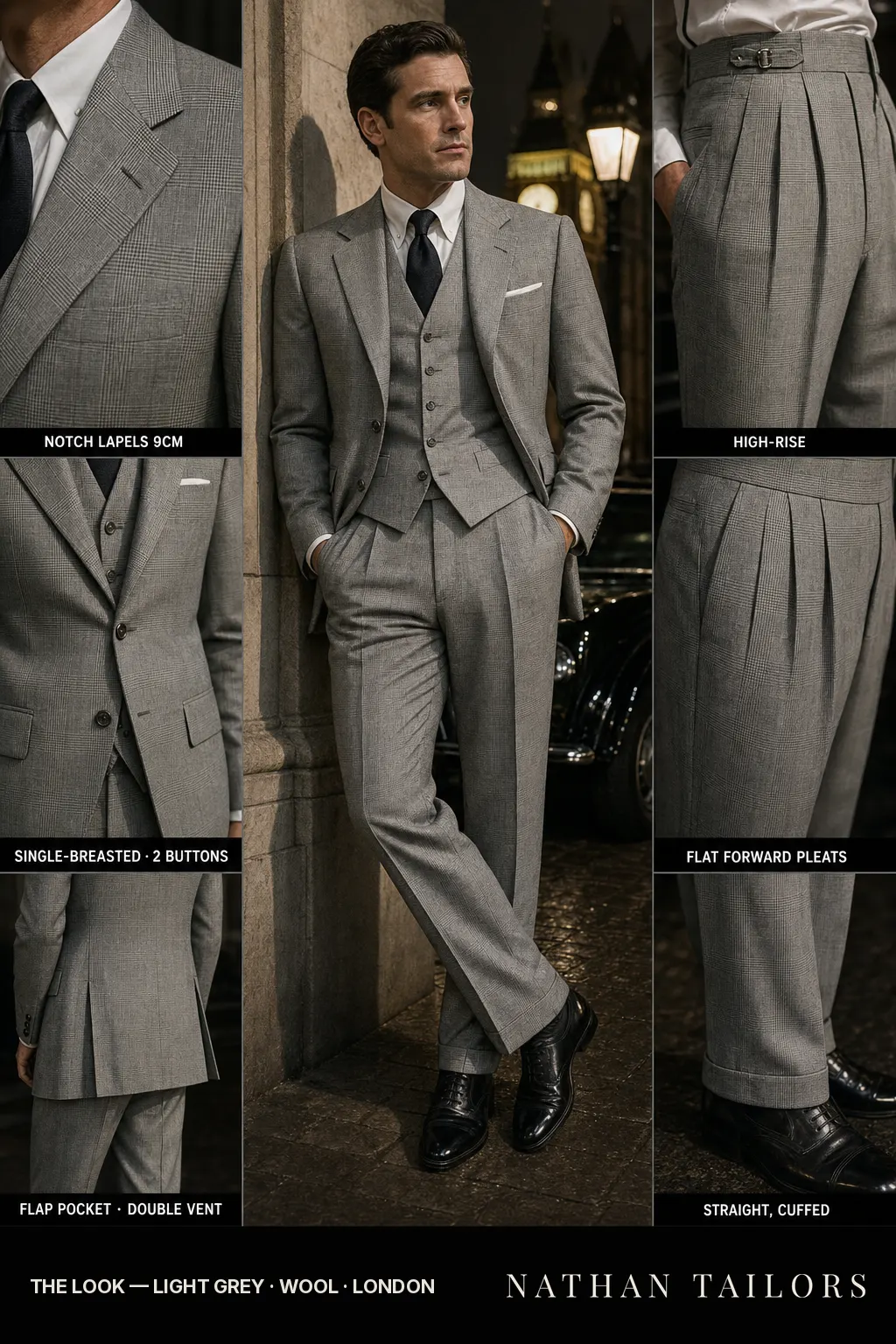 light grey glen plaid single-breasted notch-lapel bespoke suit — AI-rendered by Nathan Tailors, the Hoi An custom tailor. Available as a custom tailored suit from $149.