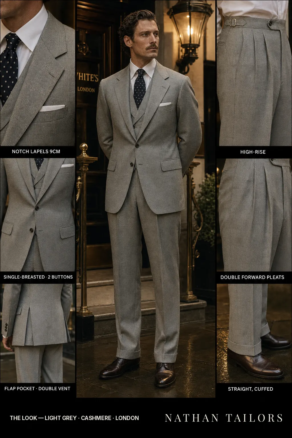 light grey glen plaid single-breasted notch-lapel bespoke suit โ AI-rendered by Nathan Tailors, the Hoi An custom tailor. Available as a custom tailored suit from $149.
