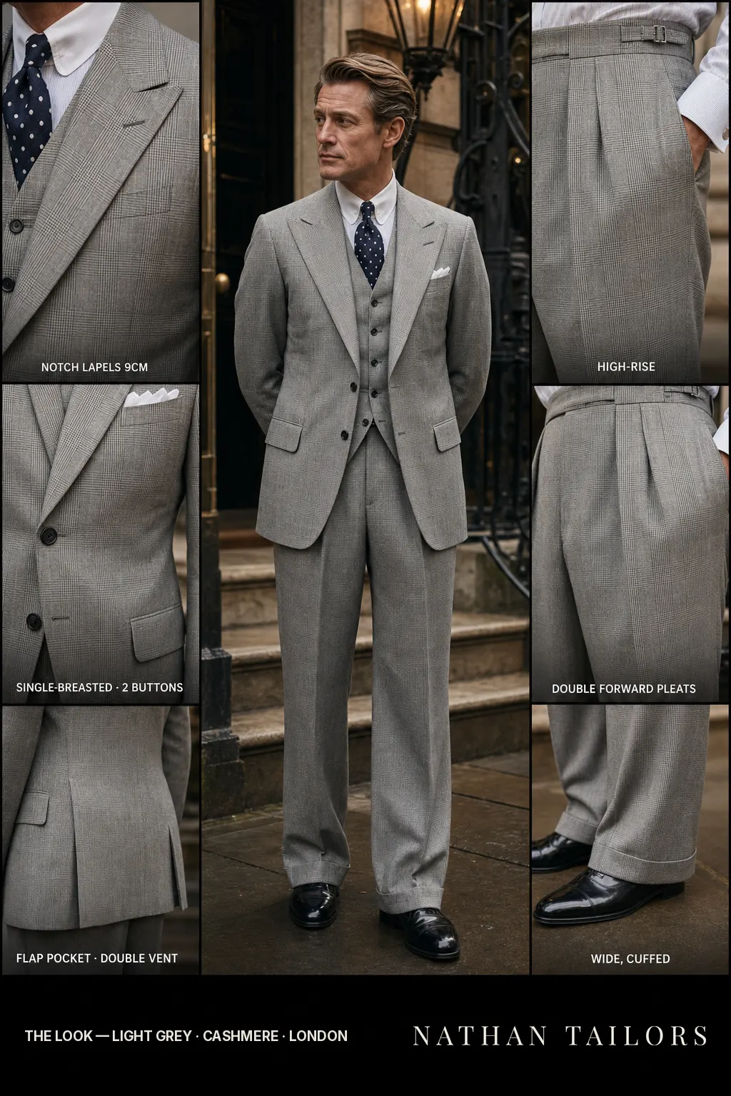 light grey glen plaid single-breasted notch-lapel bespoke suit โ AI-rendered by Nathan Tailors, the Hoi An custom tailor. Available as a custom tailored suit from $149.