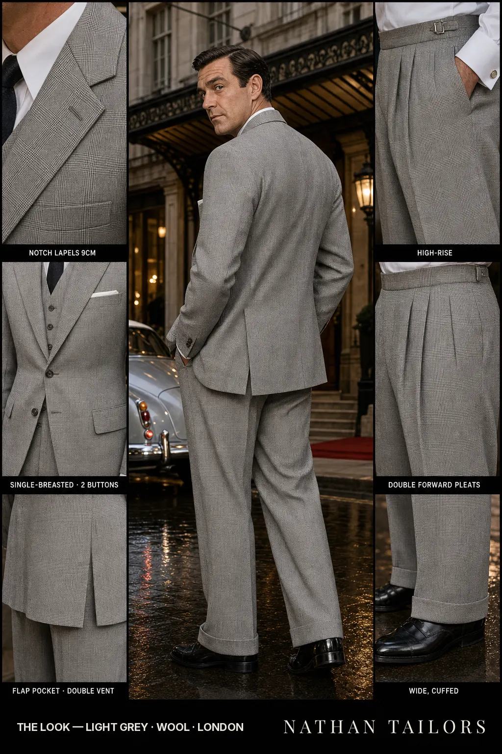 light grey glen plaid single-breasted notch-lapel bespoke suit โ AI-rendered by Nathan Tailors, the Hoi An custom tailor. Available as a custom tailored suit from $149.