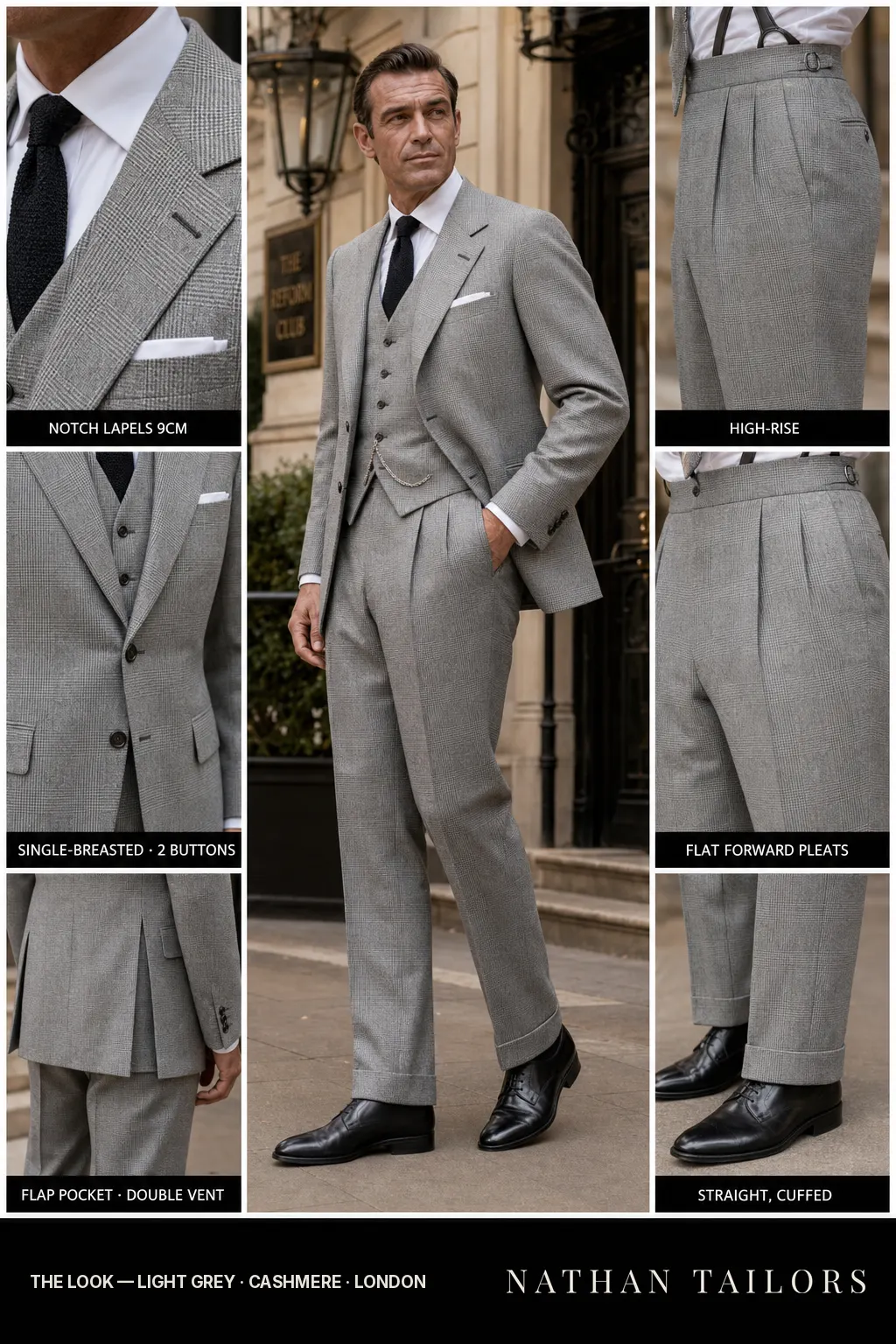light grey glen plaid single-breasted notch-lapel bespoke suit โ AI-rendered by Nathan Tailors, the Hoi An custom tailor. Available as a custom tailored suit from $149.