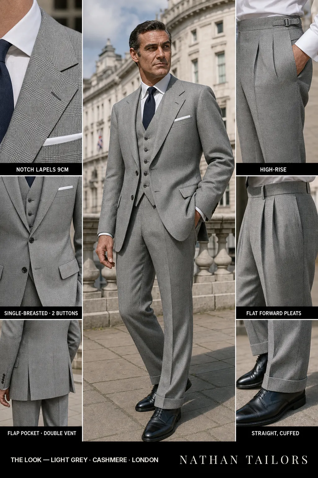 light grey glen plaid single-breasted notch-lapel bespoke suit โ AI-rendered by Nathan Tailors, the Hoi An custom tailor. Available as a custom tailored suit from $149.