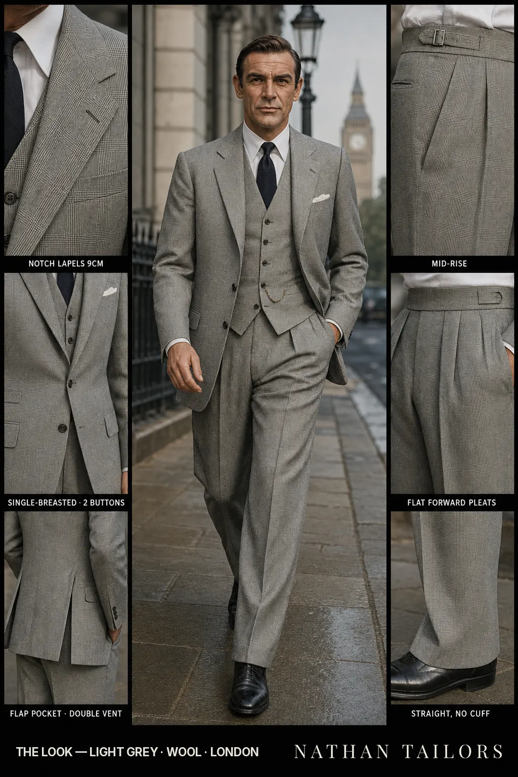 light grey glen plaid single-breasted notch-lapel bespoke suit โ AI-rendered by Nathan Tailors, the Hoi An custom tailor. Available as a custom tailored suit from $149.